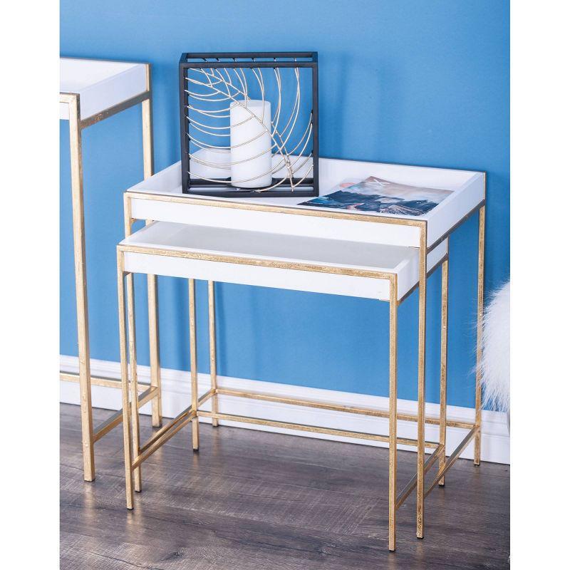 Mercer41 Blaine Wooden Nesting Tray Top Geometric Side End White Accent Table with Gold Metal Legs Set