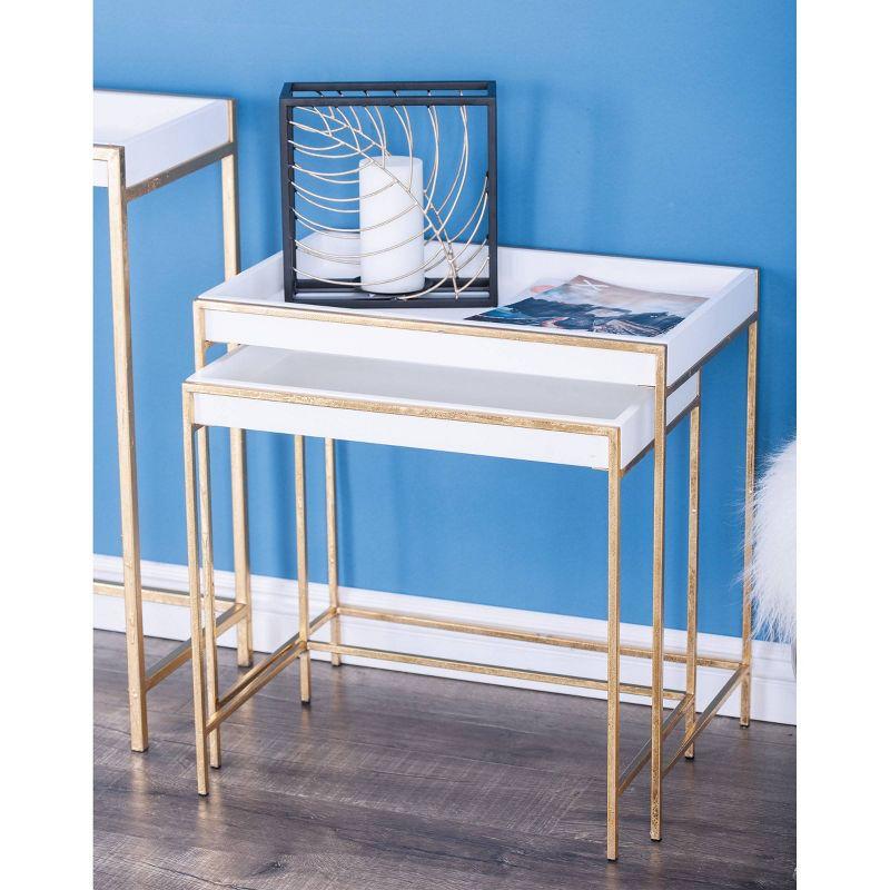 Blaine Wooden Nesting Tray Top Geometric Side End White Accent Table with Gold Metal Legs Set