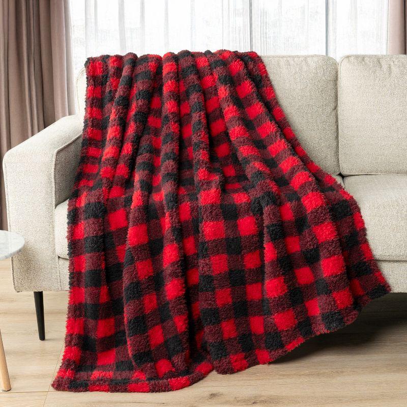 PAVILIA Plush Throw Blanket for Couch Bed, Faux Shearling Blanket and Throw for Sofa Home Decor, Checkered Red/Black/Throw - 50x60