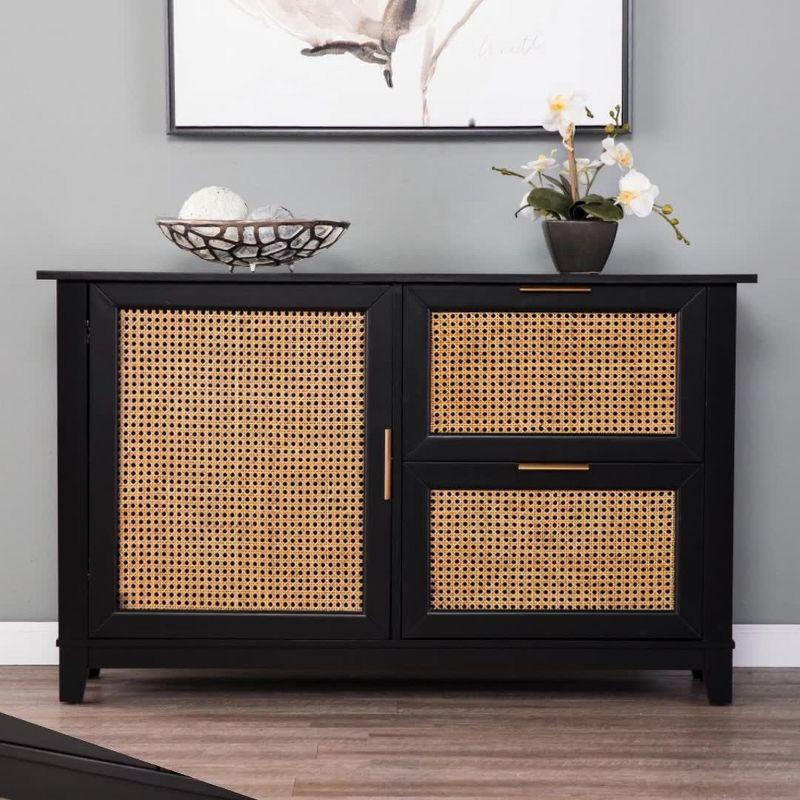 Black and Natural Rattan Adjustable Storage Cabinet with Brass Hardware