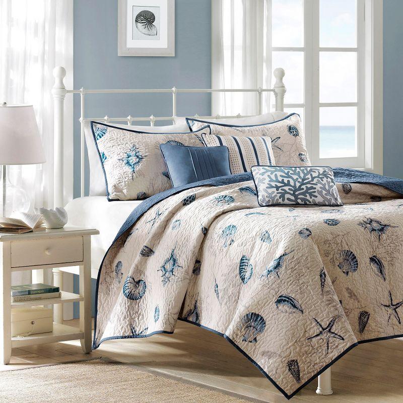 Coastal Charm Ivory & Deep Blue Microfiber Full/Queen Coverlet Set