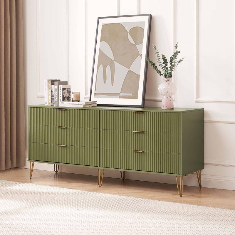 Olive Green Vertical Ribbed 6-Drawer Double Dresser with Soft Close