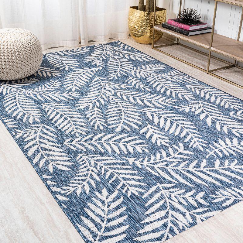 Ivory and Navy Palm Frond 4' x 6' Reversible Outdoor Rug