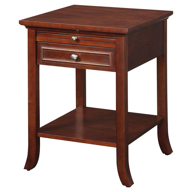 Mahogany Wood End Table with Drawer and Pull-Out Shelf