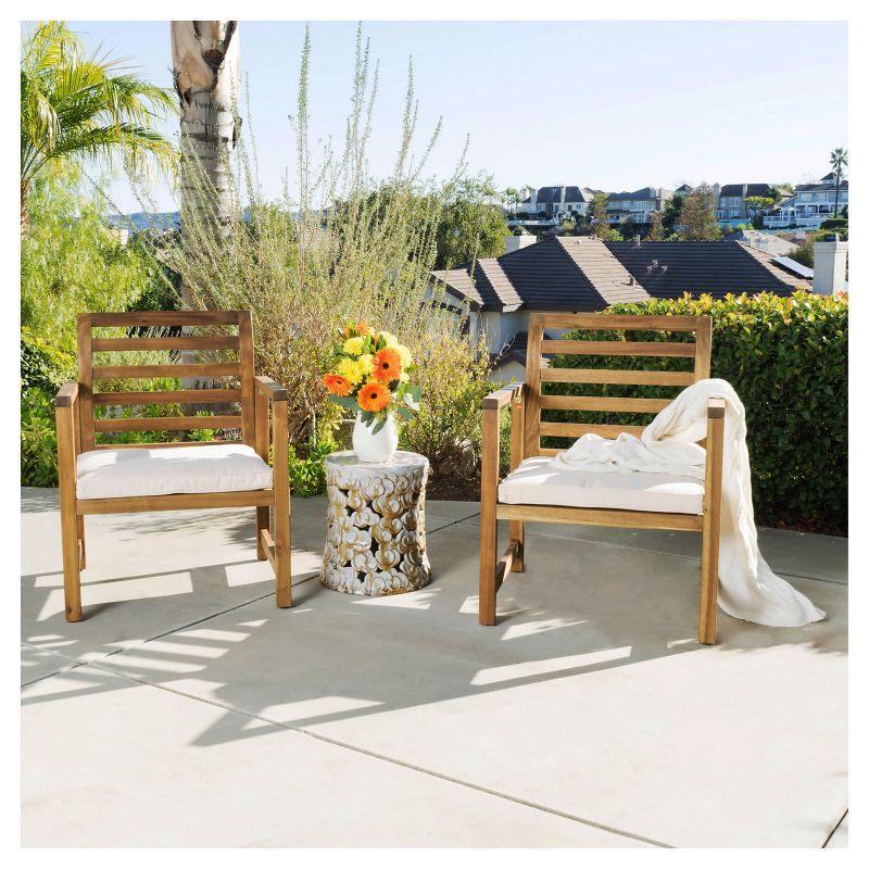 Emilano Set of 2 Acacia Wood Club Chair - Natural Stained - Christopher Knight Home: Weather-Resistant Patio Accent Chairs with Polyester Cushions