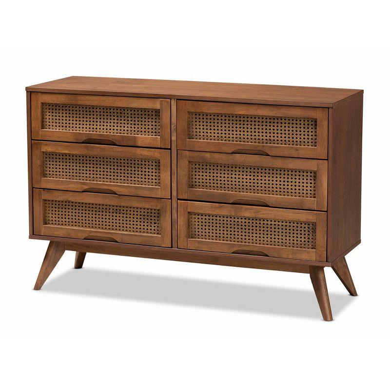 Barrett Wood & Synthetic Rattan Dresser: 6 Drawers, Angled Legs - Baxton Studio