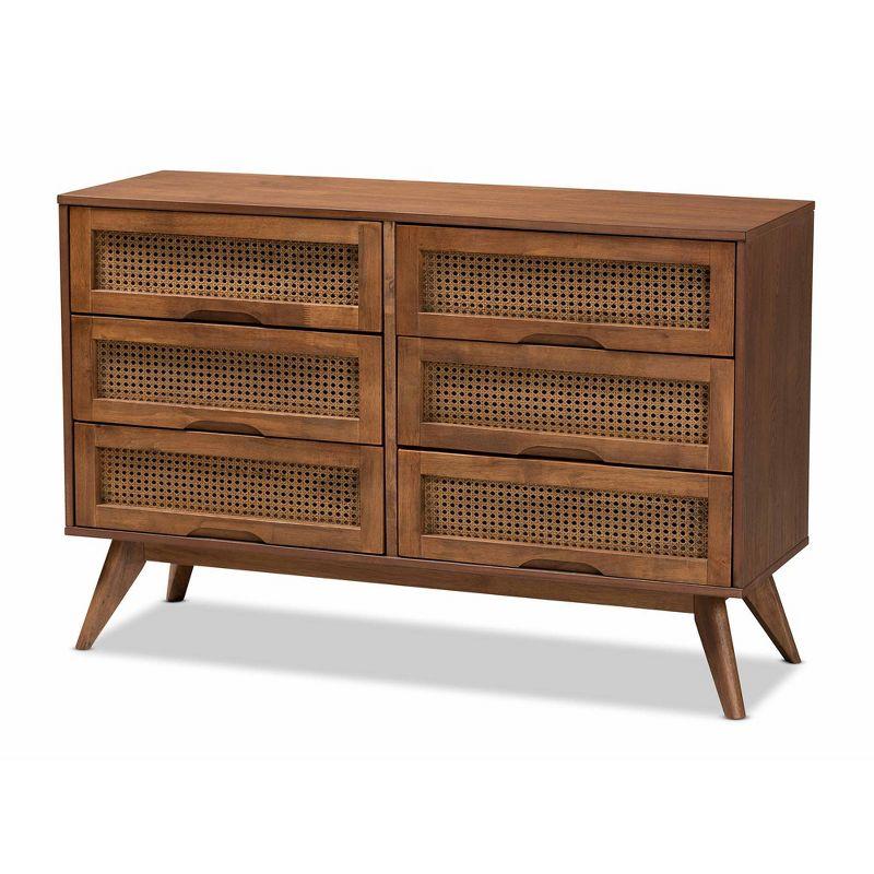 Walnut Brown Mid-Century Modern 6-Drawer Dresser with Rattan