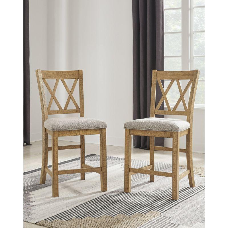 Havonplane Light Brown Wood Counter Height Barstools with Upholstered Seats, Set of 2