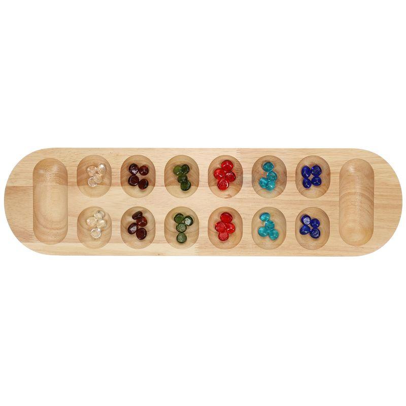 22 Inch Natural Wood Mancala Board Game with Glass Stones