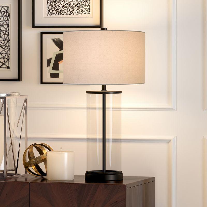 Blackened Bronze and Glass Cylinder Table Lamp with Linen Shade