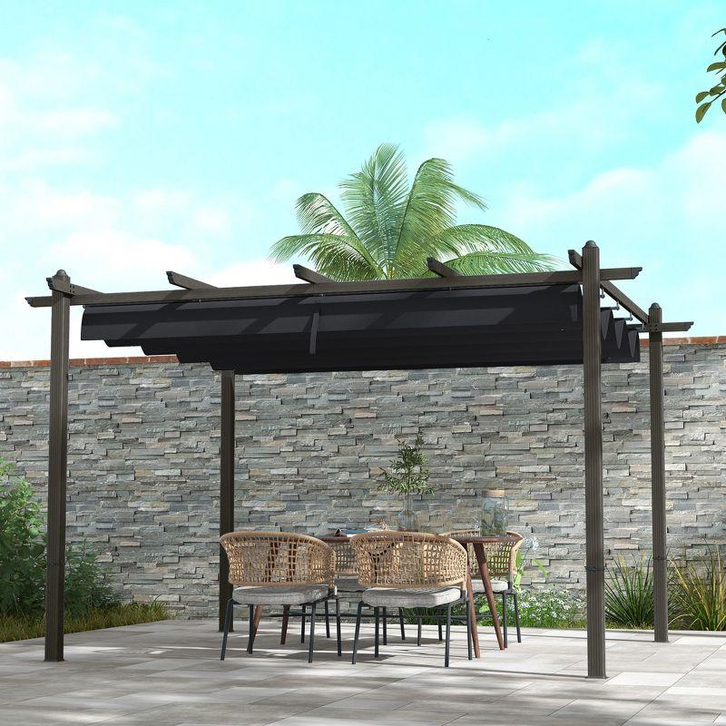 Outsunny 10' x 12' Outdoor Retractable Pergola, Heavy Duty Wood Grain Aluminum with Weather Resistant Fabric Sun Shade Canopy, Patio Shelter, Gray