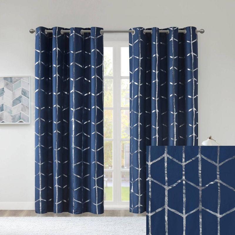 63"x50" Arielle Total Blackout Metallic Printed Curtain Panel Navy: Intelligent Design, Geometric Grommet Top, Energy Efficient