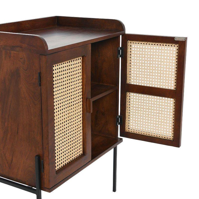Storied Home Boho Solid Wood Bar Cabinet with Metal Legs and Woven Cane Doors Walnut/Natural: Iron Frame, Mango Surface