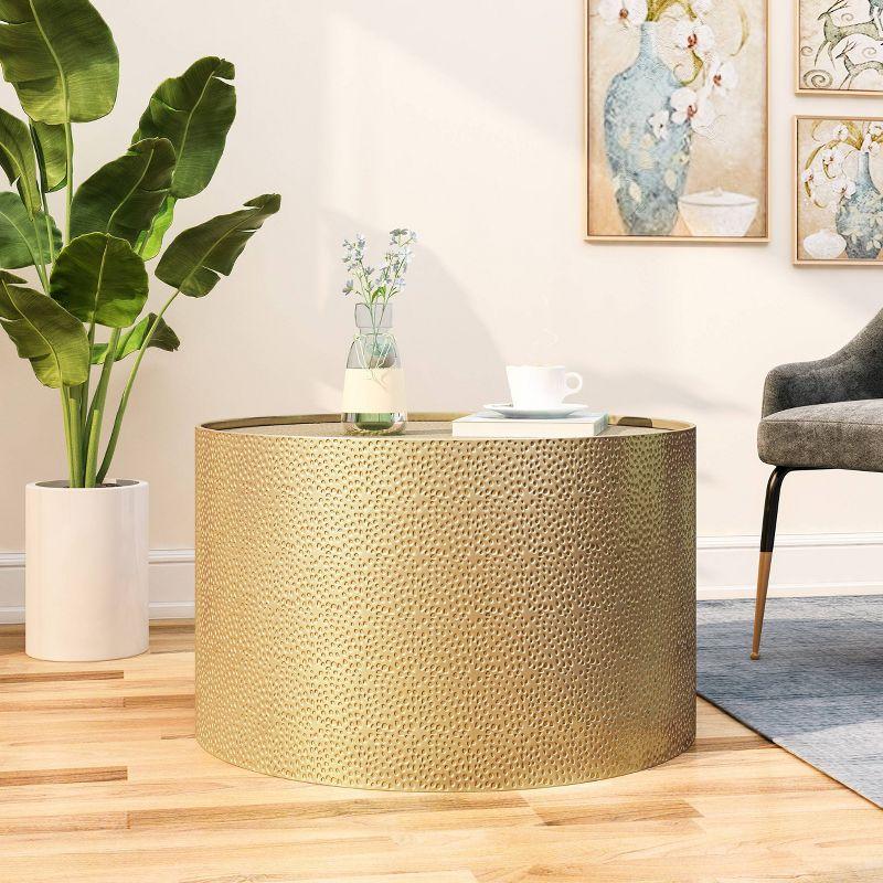 Gold Hammered Round Iron Cocktail Table with Storage