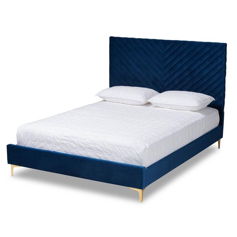 King Fabrico Velvet Fabric Upholstered and Metal Platform Bed Navy Blue/Gold - Baxton Studio