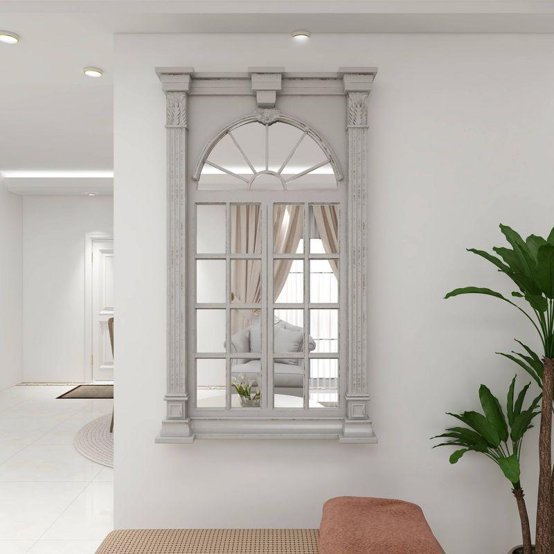 Wood Window Panes Inspired Wall Mirror with Arched Top and Distressing Cream - Olivia & May: Vintage Style, No Assembly Required