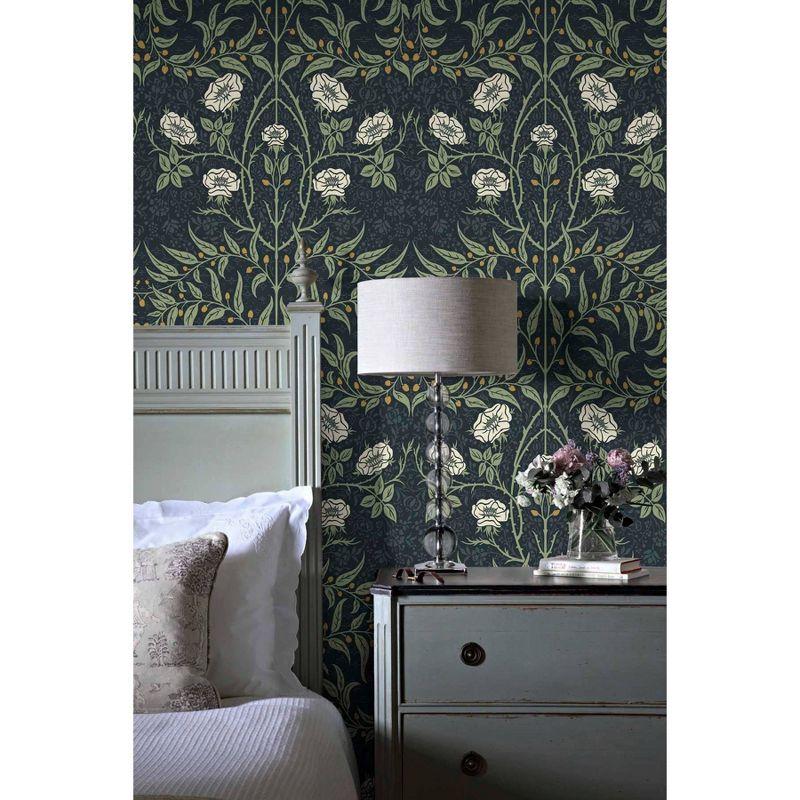 NextWall Stenciled Floral Peel and Stick Wallpaper Blue: Vintage Botanical Adhesive, Repositionable, Washable, 30.75 Sq Ft