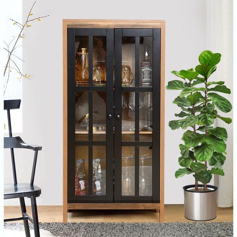 Natural Wood and Black Glass Door Curio Cabinet