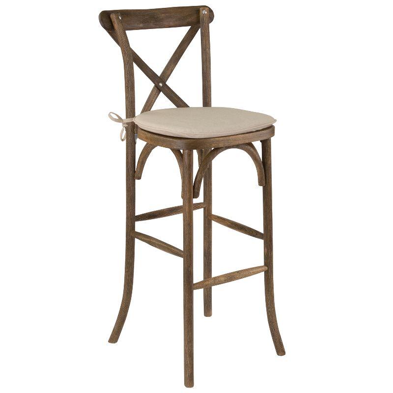 Antique Dark Brown Ash Wood Barstool with Burlap Cushion