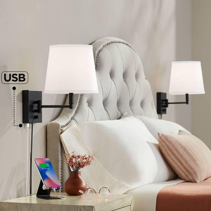 360 Lighting Lanett Modern Swing Arm Wall Lamps Set of 2 Black Plug-in Light Fixture with USB Charging Port White Lamp Shade for Bedroom Living Room