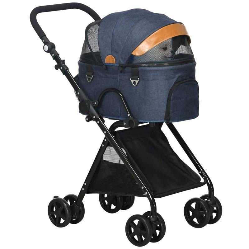 Blue Foldable Pet Stroller with Adjustable Handlebar and Mesh Window