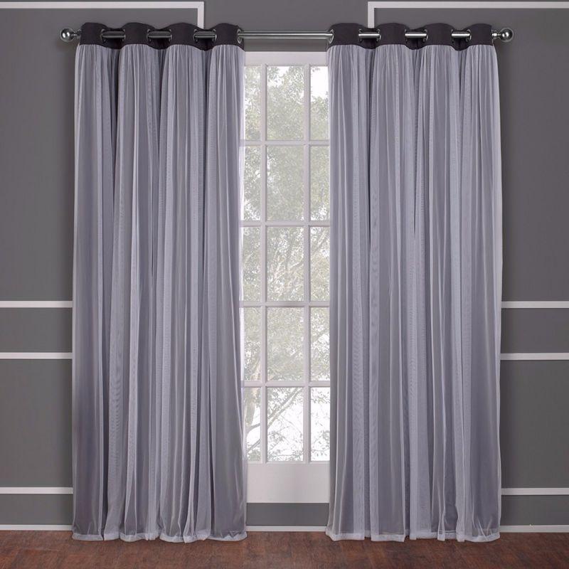 Set of 2 (108"x52") Caterina Layered Solid Blackout with sheer top Curtain Panels Black Pearl - Exclusive Home