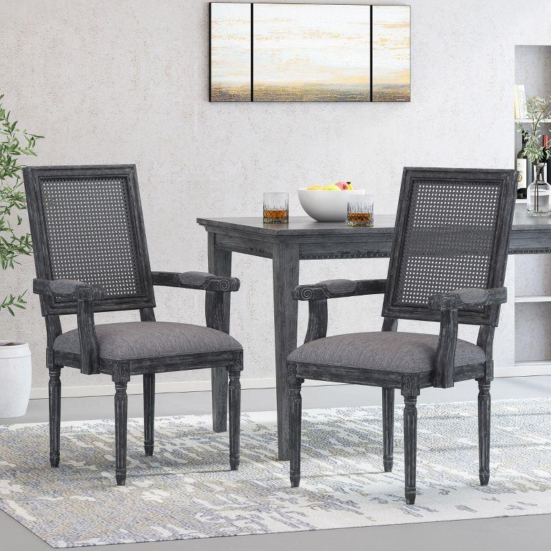 GDFStudio Zentner French Country Upholstered Wood and Cane Upholstered Dining Chairs (Set of 2), Gray