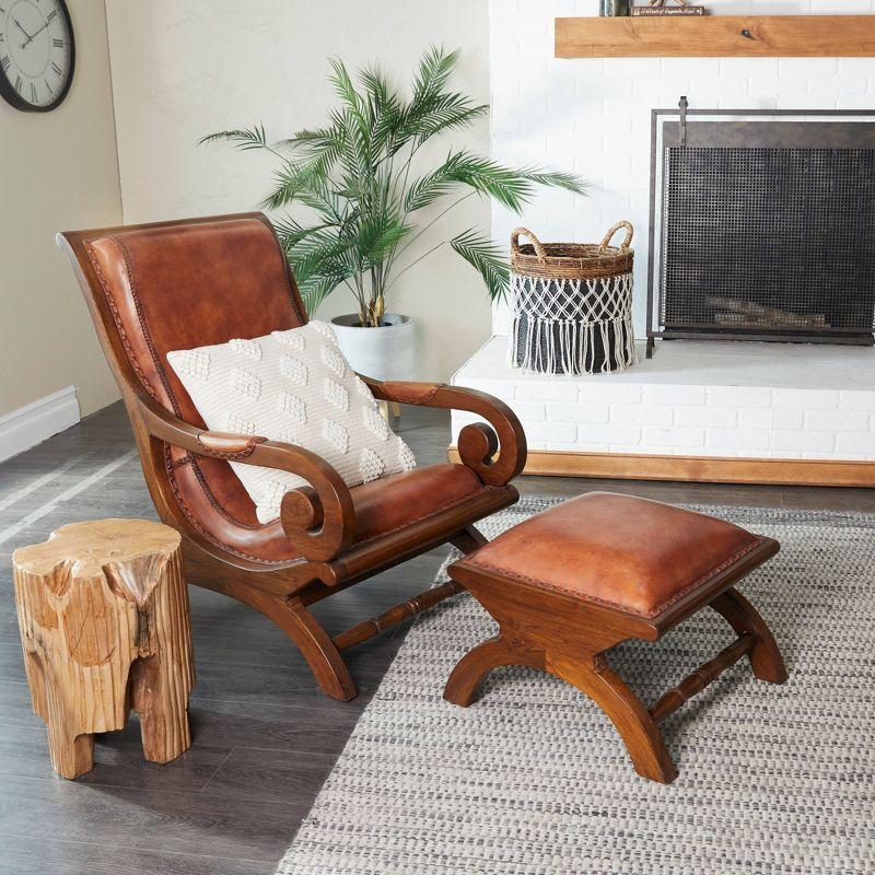 Traditional Teak Wood Accent Chair with Arms and Ottoman Brown - Olivia & May: Leather Upholstered, No Assembly Required