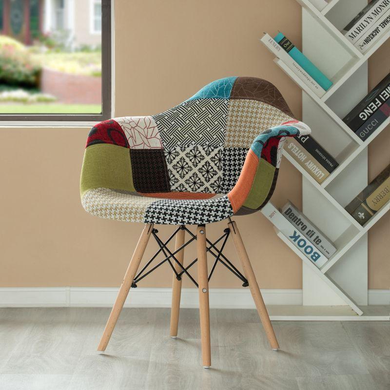 Fabulaxe Mid-Century Modern Upholstered Plastic Multicolor Fabric Patchwork DAW Shell Dining Chair with Wooden Dowel Eiffel Legs