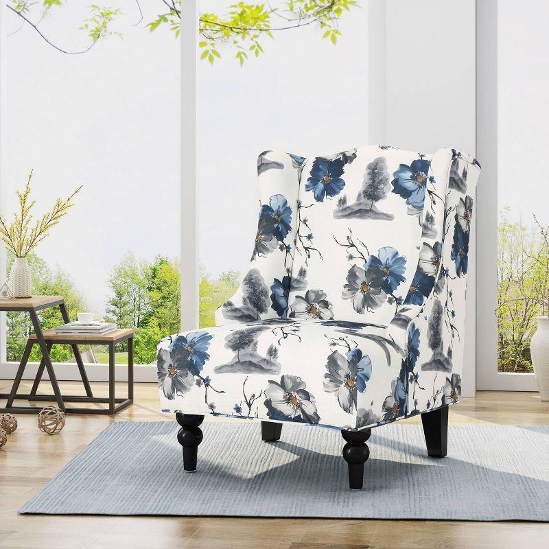 Toddman High-Back Club Chair Floral Print Blue - Christopher Knight Home: Upholstered, Birch Wood Legs