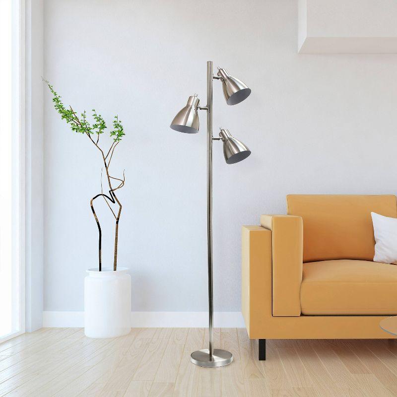 64" Brushed Nickel Adjustable 3-Light Floor Lamp with Conical Shades