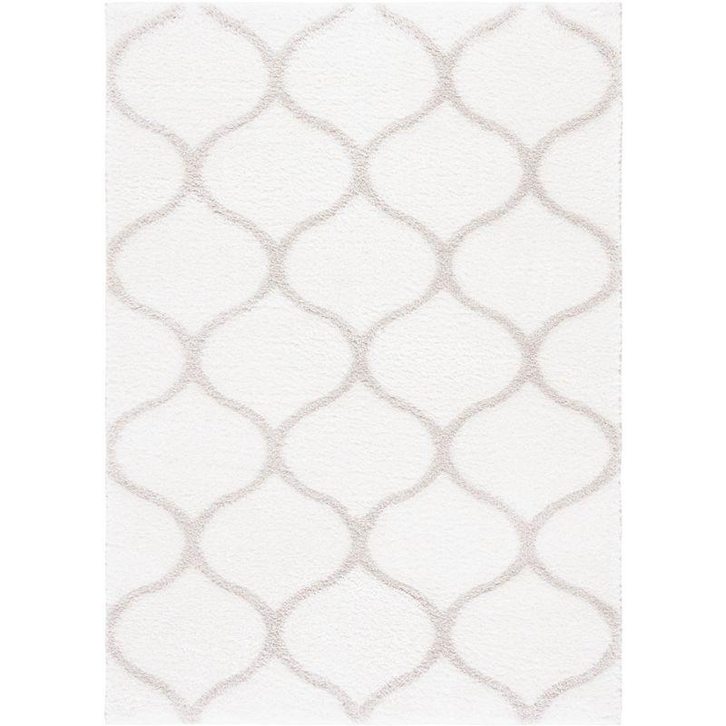 Hand-Knotted White and Silver Geometric Shag Rug, 6'7" x 8'7"