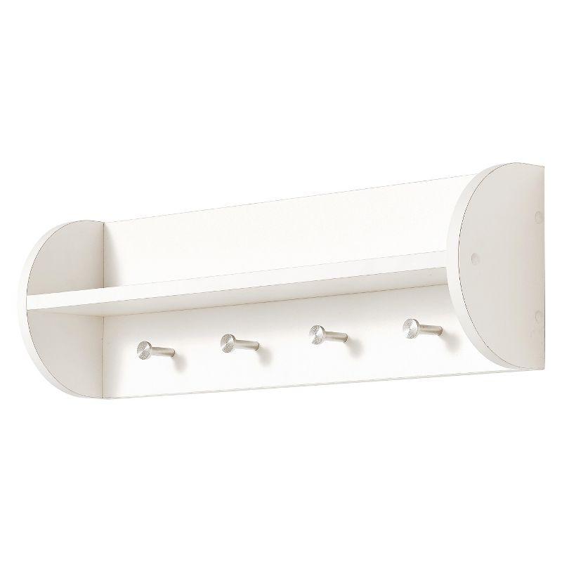 Sleek White Wood Floating Wall Shelf with Stainless Steel Hooks