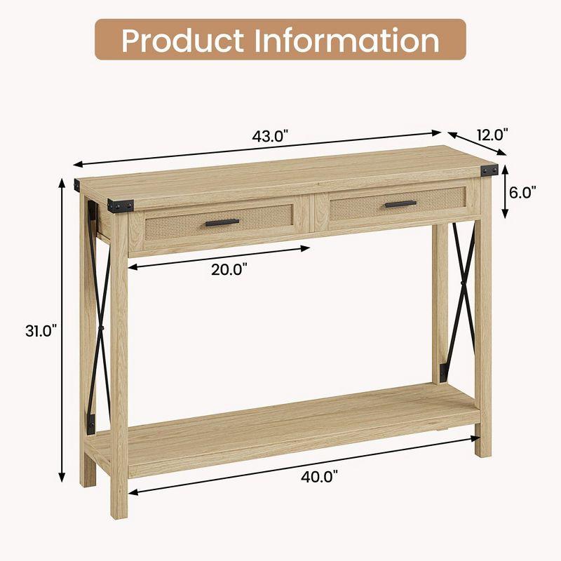 Farmhouse Sofa Table - Console Table with Rattan Drawers