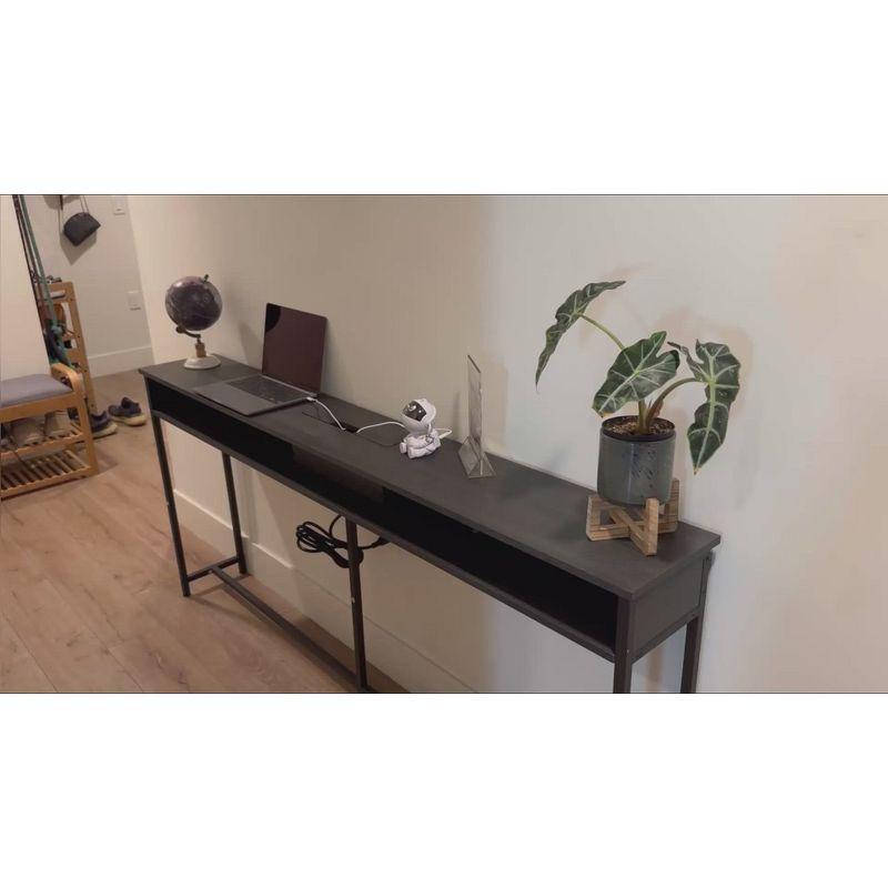 VASAGLE Narrow Console Table 70.9" with 2 Outlet and 2 USB Ports Sofa Table with Charging Station Long Entryway Table Rustic Brown and Black