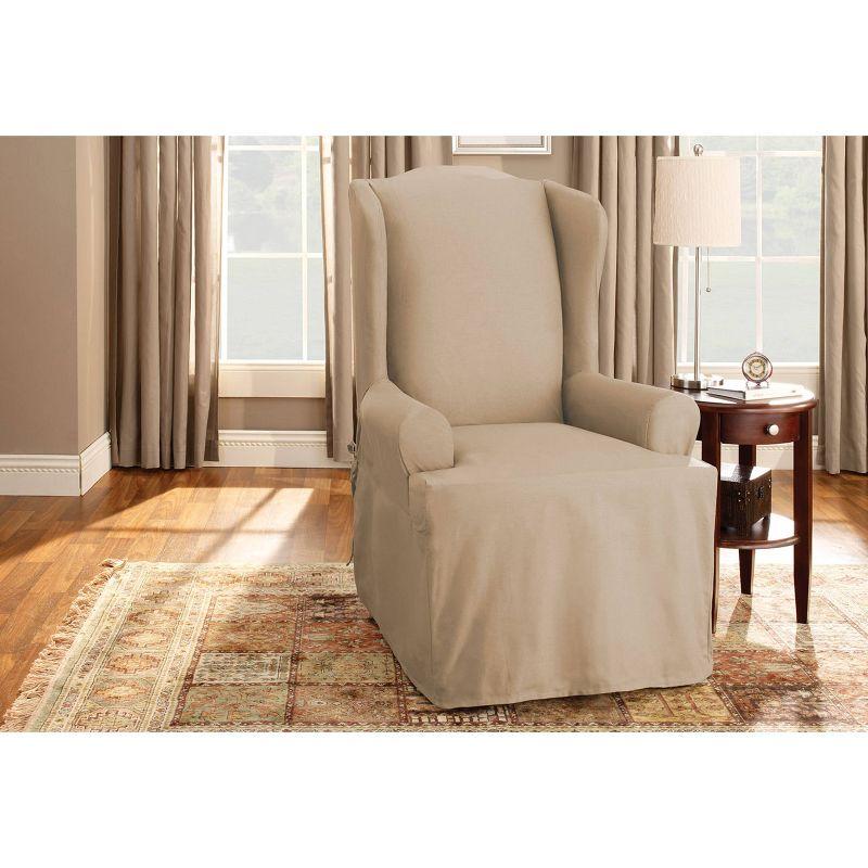 Tan Cotton Duck Wingback Chair Slipcover with Elastic Closure