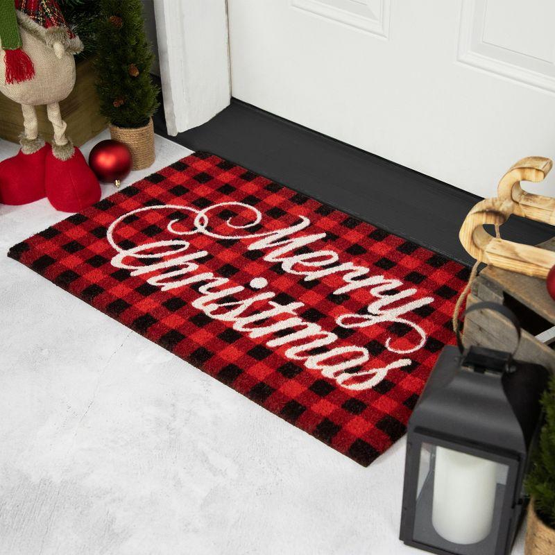 Northlight Red and Black Plaid "Merry Christmas" Natural Coir Christmas Outdoor Doormat 18" x 30"