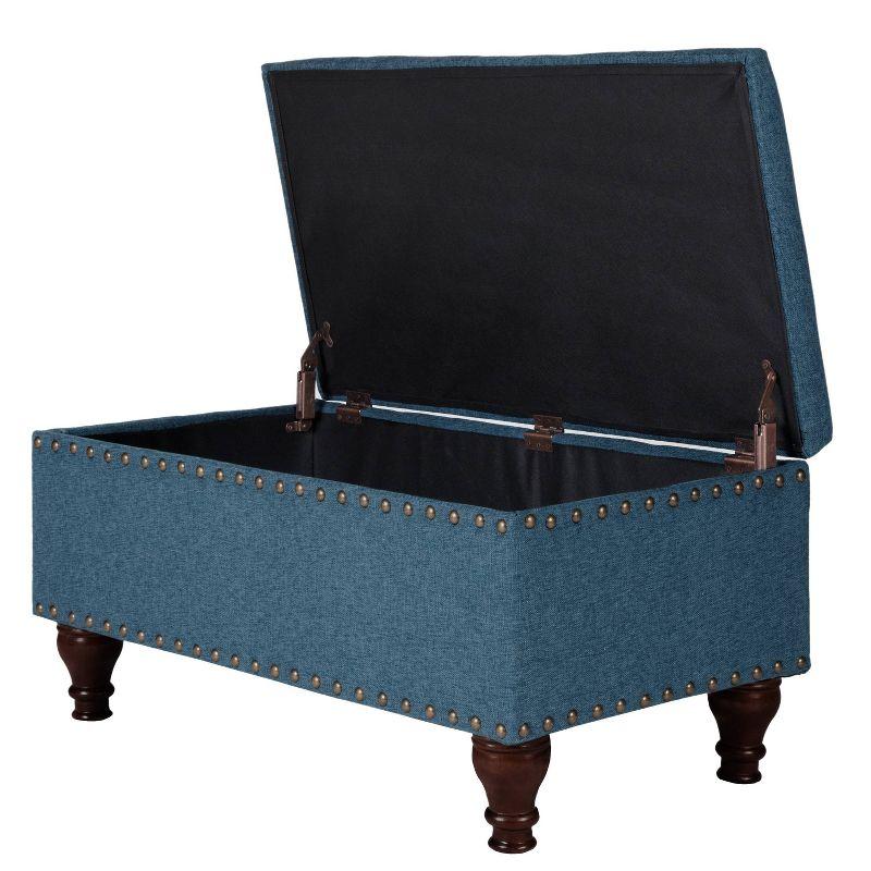 Elegant Nailhead Trim Storage Ottoman Bench in Linen-Blue