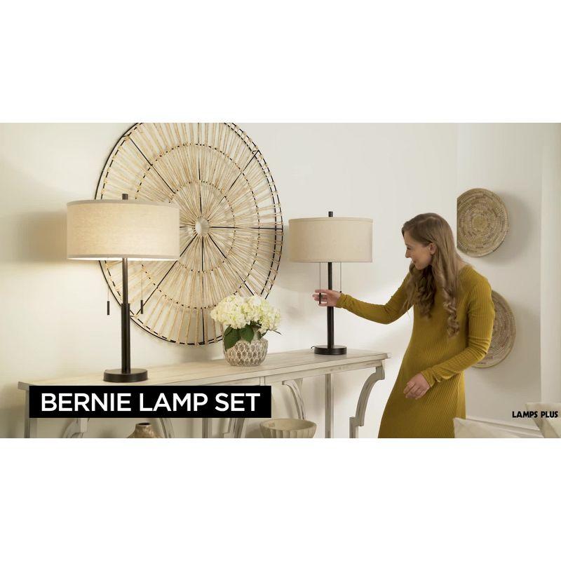 Franklin Iron Works Bernie Industrial Table Lamps 25" High Set of 2 Rich Bronze with USB Charging Port Tan Drum Shade for Bedroom Living Room Bedside