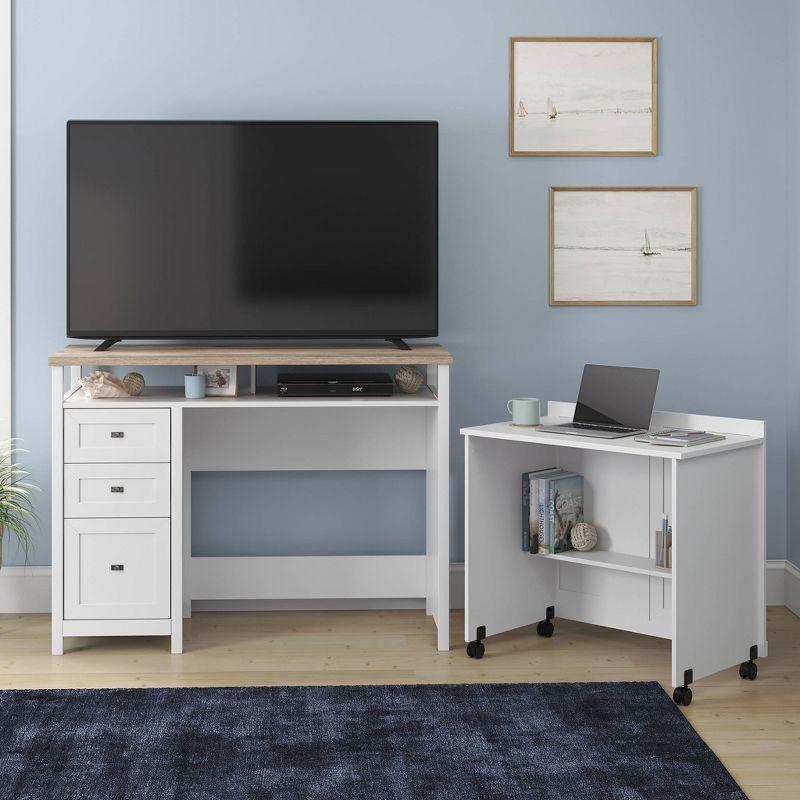 White Wood Credenza Desk with Drawer and Filing Cabinet