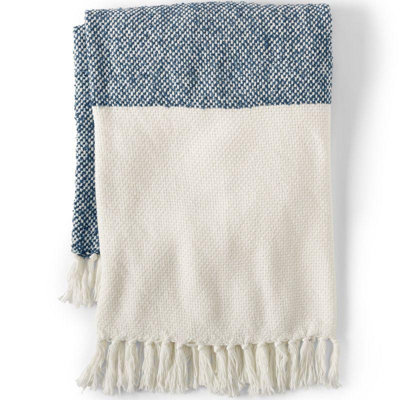 Ivory and Blue Knitted Acrylic Throw Blanket with Tassels