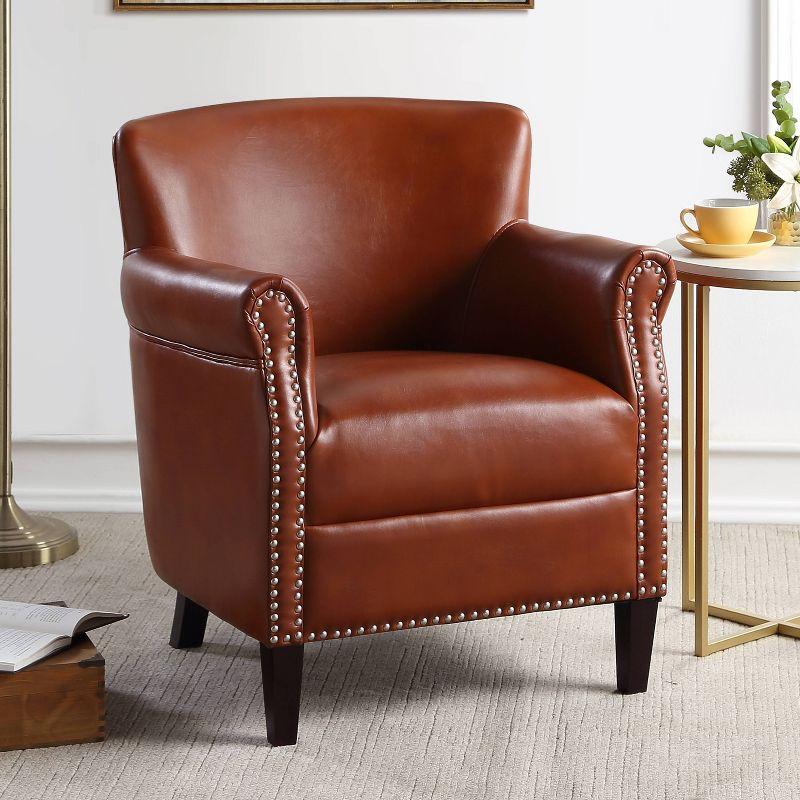 Caramel Leather Club Accent Chair with Wood Frame