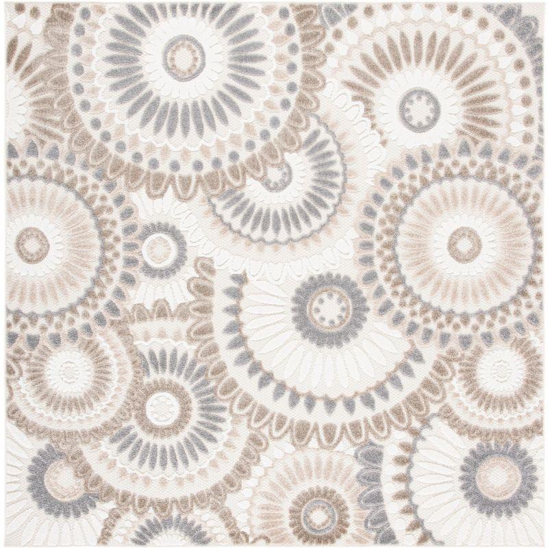 Grey and Ivory Floral Synthetic Square Indoor/Outdoor Rug