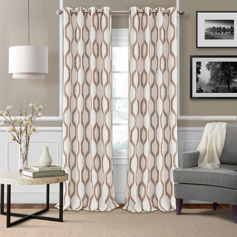 Renzo Ikat Geometric Linen Room Darkening Single Window Curtain Panel - 52" x 95" - Natural - Elrene Home Fashions