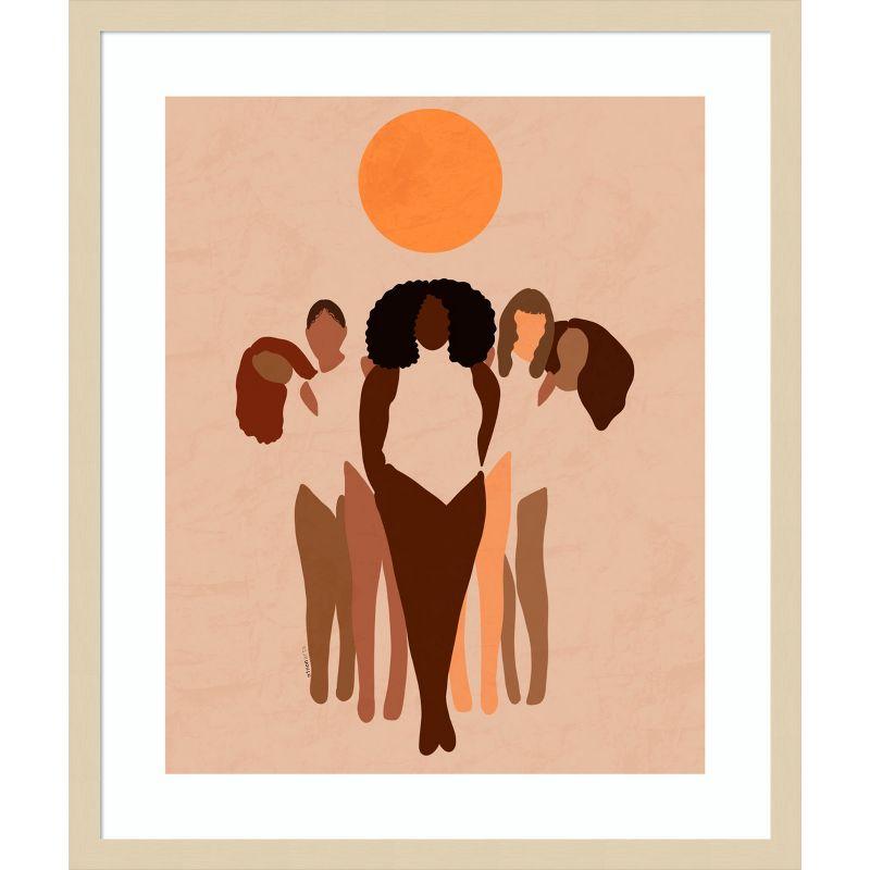 Abstract Women Unity Orange Sun Wood Framed Wall Art Print