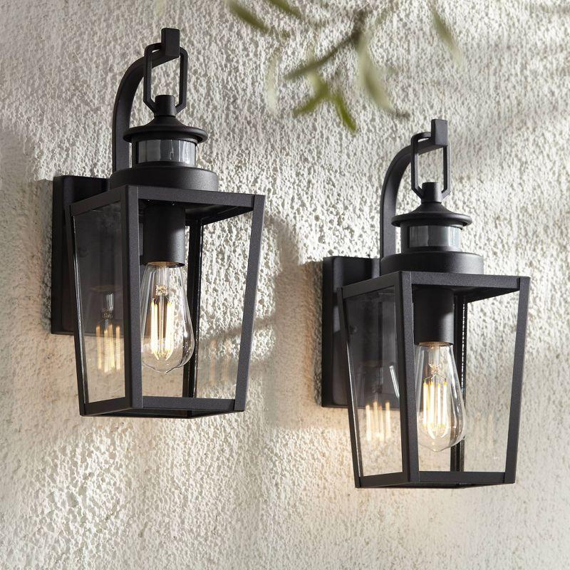 Possini Euro Design Ackerly Modern Outdoor Wall Light Fixtures Set of 2 Black Dusk to Dawn Motion Sensor 14" Clear Glass for Post Exterior