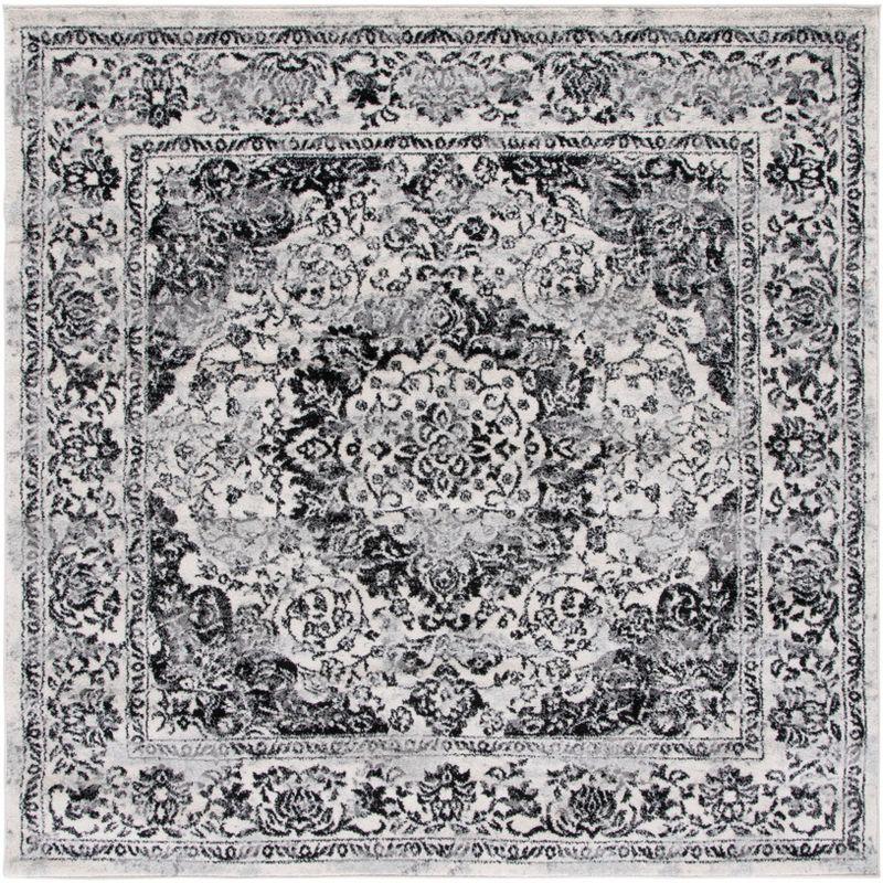 Ivory and Black Square Synthetic Area Rug