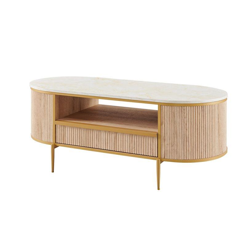 Everly Quinn Modern Fluted Coffee Table, 48" Oval Coffee Table with Drawer,Curved Profile Design,Center Table for Living Room