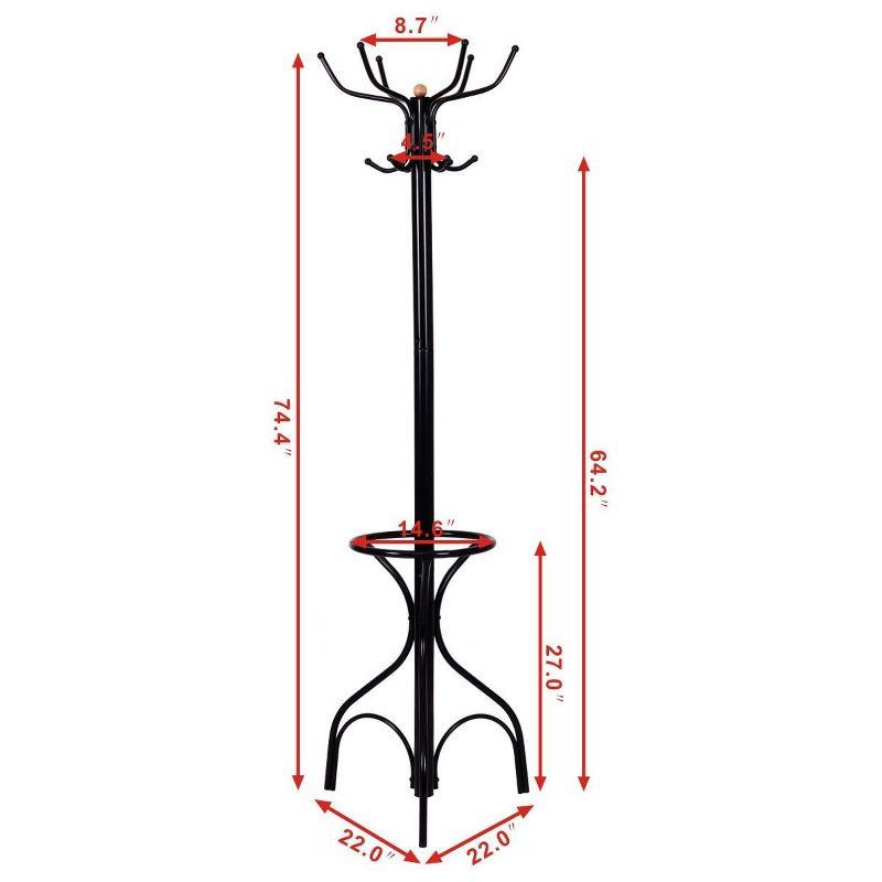 Black Metal Coat Rack with Umbrella Stand and Hooks