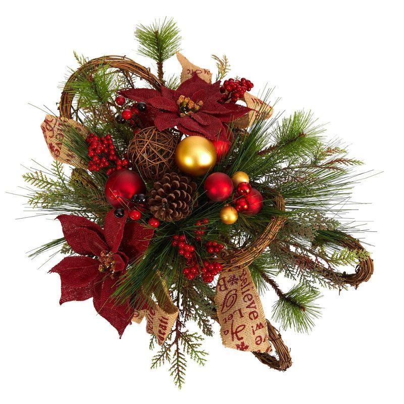 Nearly Natural 18-in Christmas Sleigh with Poinsettia, Berries and Pinecone Artificial Arrangement with Ornaments